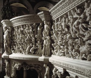Szczegół Krzesła zrealizowany przez Giovanniego Pisano (1248-1314): Chrystus sędzia między wybrańcami a potępionymi (Szczegóły płaskorzeźb marmurowej ambony, Chrystus między wybrańcami a potępionymi duszami) 1302-1311 Katedra w Pizie (Duomo di Piza), Włoch autorstwa Giovanni Pisano