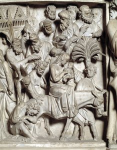 Szczegół płaskorzeźby Krzesła zrealizowany przez Giovanniego Pisano (1248-1314): Szczegół płaskorzeźby marmurowej ambony, lot do Egiptu 1302-1311 Cathedrale de Pisa (Duomo di Pisa), Włochy autorstwa Giovanni Pisano