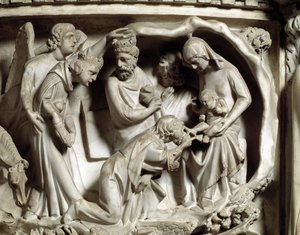 Detal płaskorzeźb Krzesła zrealizowanych przez Giovanniego Pisano (1248-1314): Detal płaskorzeźb marmurowej ambony, adoracja Trzech Króli 1302-1311 Katedra w Pizie (Duomo di Pisa), Włochy autorstwa Giovanni Pisano