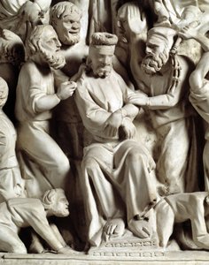 Szczegół płaskorzeźby Krzesła zrealizowany przez Giovanniego Pisano (1248-1314): Szczegół płaskorzeźby marmurowej ambony, wyśmiewany przez Jezusa 1302-1311 Katedra w Pizie (Duomo di Pisa), Włochy autorstwa Giovanni Pisano