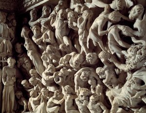 Detal płaskorzeźb Krzesła zrealizowanych przez Giovanniego Pisano (1248-1314): przeklęte (Szczegóły płaskorzeźb marmurowej ambony) 1302-1311 Cathedrale de Pisa (Duomo di Pisa), Włochy autorstwa Giovanni Pisano