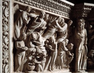 Detal płaskorzeźb Krzesła zrealizowanych przez Giovanniego Pisano (1248-1314): Zwiastowanie, Nawiedzenie i narodziny Jana Chrzciciela (Szczegóły płaskorzeźb marmurowej ambony, Zwiastowanie, Nawiedzenie i narodziny św. Jana Chrzciciela) 1302 -1311 Kato autorstwa Giovanni Pisano