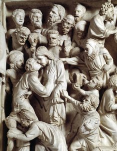 Detal płaskorzeźb Krzesła zrealizowanych przez Giovanniego Pisano (1248-1314): Pocałunek Judasza (Szczegóły płaskorzeźby marmurowej ambony, Pocałunek Judasza) 1302-1311 Katedra w Pizie (Duomo di Pisa), Włochy