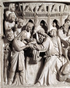 Detal płaskorzeźb Krzesła zrealizowanych przez Giovanniego Pisano (1248-1314): przedstawienie Jezusa w świątyni (Szczegóły płaskorzeźb marmurowej ambony) 1302-1311 Katedra w Pizie (Duomo di Pisa), Włochy autorstwa Giovanni Pisano