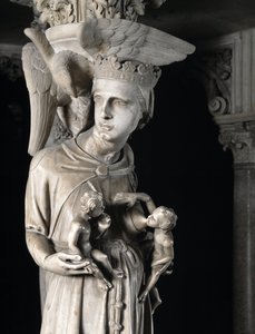 Fragment rzeźbionych grup podtrzymujących Krzesło zrealizowanych przez Giovanniego Pisano (1248-1314): Kościół karmi swoje dzieci (Szczegół rzeźb podtrzymujących marmurową ambonę, Kościół karmi swoje dzieci) 1302-1311 Cathedrale de Pisa (Duomo di Pis autorstwa Giovanni Pisano