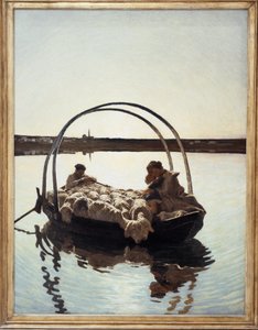 Ave Maria: Matka trzymająca przy sobie dziecko ze stadem owiec na promie przeprawiającym się przez rzekę autorstwa Giovanni Segantini