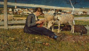 Dziewczyna robi skarpetki, Giovanni Segantini (1858-1899), olej na płótnie, 54x88 cm