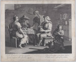 Trzy osoby siedzące wokół stołu po lewej stronie, gdy mężczyzna przynosi pusty talerz..., 1760-70.