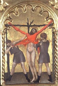 Chrystus na krzyżu, fragment z poliptyku Ospedale della Misericordia, 1353-63 autorstwa Giovanni da Milano