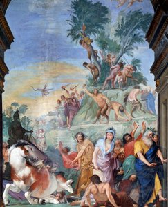 Muzy i poeci polują na Parnas (muzy i poeci wygnani z Parnasu) Fragment fresku autorstwa Giovanniego da San Giovanniego (1592-1636) 1634-1642 Museo degli argenti, Palazzo Pitti, Florencja autorstwa Giovanni da San Giovanni