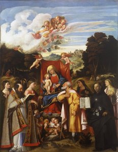 Madonna intronizowana z aniołami, św. Apollonia, św. Augustyn, św. Katarzyna, św. Józef, św. Grata, św. Filip Benizzi i św. Barbara (ołtarz św. Gotarda) autorstwa Giovanni de Busi Cariani