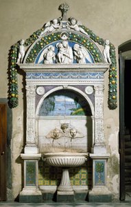 Fontanna Decoree z płaskorzeźbą z marmuru i terakoty autorstwa Giovanniego della Robbia (1469-1529) 1498. Zakrystia Santa Maria Novella, Florencja