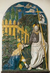 Noli me tangere Jezus Chrystus trzyma białą flagę (standard) wybitą czerwonym krzyżem, a jego aureolę widnieje krzyż. Pończochy ceramiczne reliefowe Giovanniego della Robbia (1469-1529) Florencja, Museo Nazionale del Bargello