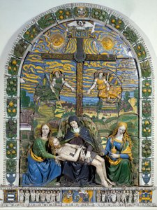 Złożenie (Pieta) Jezusa Chrystusa i Matki Boskiej w otoczeniu św. Jana i św. Marii Magdaleny przed krzyżem z napisem INRI (I.N.R.I.). Ceramika płaskorzeźbiona Giovanniego della Robbia (1469-1529) wym. 3x2,28 m Florencja, Museo Nazionale