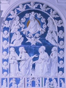 Madonna pomiędzy świętymi Franciszkiem, Dominika i Bernardem, autorstwa Giovanniego della Robbia (1469-1529), kościół San Francesco in Foiano della Chiana, Toskania