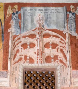 Napis dedykacyjny Botoneri "Ta kaplica San Magno została zbudowana z oddanych jałmużn ofiarowanych autorstwa Giovanni di Cherasco Botoneri