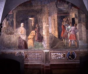 Św. Benedykt naprawiający pęknięte sito, fragment z cyklu fresku Żywot św. Benedykta z Chiostro degli Aranci (Klasztor Pomarańczowy) ok. 1430 (fresk) autorstwa Giovanni di Consalvo (attr. to)