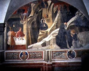 Św. Benedykt otrzymujący chleb i płaszcz od Pustelnika Romano, fragment cyklu fresk Żywot św. Benedykta z Chiostro degli Aranci (Klasztor Pomarańczowy) ok. 1430 (fresk) autorstwa Giovanni di Consalvo (attr. to)
