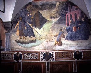 Św. Benedykt wyciągający topór drwala z jeziora, fragment cyklu fresk Żywot św. Benedykta z Chiostro degli Aranci (klasztor pomarańczy) ok. 1430 (fresk) autorstwa Giovanni di Consalvo (attr. to)