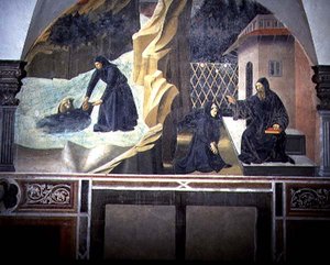 Św. Benedykt posyła Mauro, aby ocalił tonącego Placidusa z jeziora, fragment cyklu fresk Żywot św. Benedykta z Chiostro degli Aranci (Klasztor Pomarańczy) ok. 1430 (fresk) autorstwa Giovanni di Consalvo (attr. to)