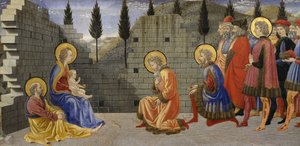 Adoração dos Magos, detalhe da Natividade e adoração dos Magos, entre 1457 e 1459, da autoria de Giovanni di Francesco (1412-1459), têmpera sobre madeira.polimento autorstwa Giovanni di Francesco
