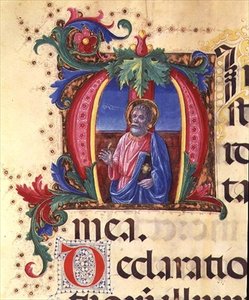 Ms 542 f.31r Historyczny inicjał „H” przedstawiający świętego mężczyznę z psałterza napisanego przez Don Appiano z kościoła Badia Fiorentina we Florencji autorstwa Giovanni di Guiliano Boccardi