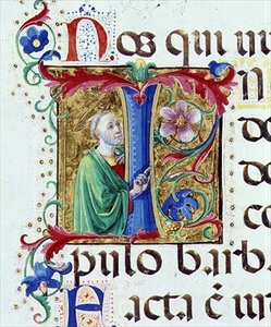 Ms 542 f.44v Historyczny inicjał „I” przedstawiający świętego mężczyznę z psałterza napisanego przez Don Appiano z kościoła Badia Fiorentina we Florencji autorstwa Giovanni di Guiliano Boccardi