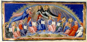 Paradiso, Pieśń X. Beatrice i Dante unoszący się nad Niebem Słońca spotykają tych, którzy odznaczają się mądrością. Pozdrawia ich św. Tomasz z Akwinu wraz z Albertusem Magnusem. Poniżej siedzi dziesięciu przedstawicieli mądrości; Beda, św. Ambroży, Izydor  autorstwa Giovanni di Paolo