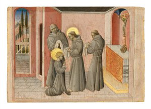 Inwestytura św. Klary: Święta otrzymuje szaty swojego Zakonu od św. Franciszka, ok. 1389-1482 (tempera i złoto na panelu) autorstwa Giovanni di Paolo