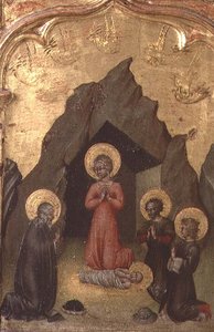 Adoracja Dzieciątka przez Dziewicę, św. Józefa i dwóch świętych autorstwa Giovanni di Paolo di Grazia