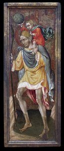 Święty Krzysztof niosący na ramionach Jezusa Chrystusa. Obraz Giovanniego Di Paolo Di Grazia (Giovanni dal Poggio