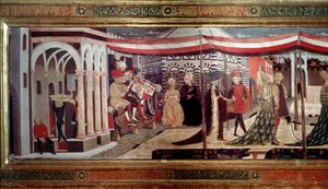 Renesansowa Ceremonia Ślubna Fragment lewej części panelu zdobiącego Cassone Adimari. Scena ślubu na Piazza del Duomo (Plaza de la Cathedrale Santa Maria del Fiore). Muzycy siedzą na scenie grając na trąbce, puzonie i instrumencie perkusyjnym