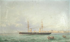 Pancernik HMS Inflexible wypływający w morze z Grand Harbour w Valetcie autorstwa Girolamo Gianni
