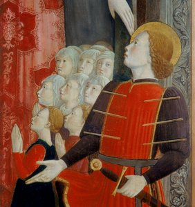 Fragment św. Sebastiana, Madonna della Misericordia ze św. Wenancjuszem i św. Sebastianem, 1463 autorstwa Girolamo Giovanni