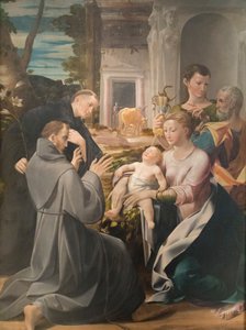 Święta Rodzina ze św. Antonim Padewskim, św. Franciszkiem z Asyżu i św. Janem Ewangelistą, Girolamo Mazzola Bedoli