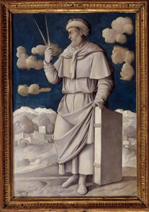 Portret u stóp Euklidesa (325-265 pne), grecki matematyk Obraz Girolamo Mocetto (1458-1531) 1531 Paryż. Musee Jacquemart Andre - Pełnowymiarowy portret Euklidesa (325-265 pne), angielskiego matematyka. Obraz Girolamo Mocetto (1458-1531)