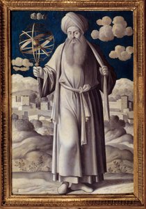 Portret u stóp Ptolemeusza (Klaudiusza Ptolemeusza) (90-168 ne), grecki astronom Obraz Girolamo Mocetto (1458-1531) 1531 Paryż. Musee Jacquemart Andre - Pełnowymiarowy portret Ptolemeusza (Klaudiusza Ptolemeusza) (90-168 AD). Grecki astronom. Malowanie prz