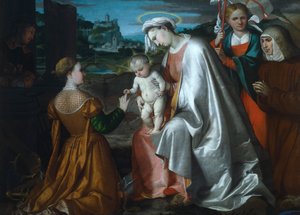 Mistyczne zaślubiny św Katarzyny w obecności świętych Urszuli, Wawrzyńca i Angeli Merici, autorstwa Girolamo Romanino (ok. 1484-po 1562)