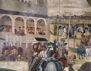 Turniej ku czci Chrystiana I z Danii w Castello di Malpaga, detal z lewej strony, 1520-30 autorstwa Girolamo Romanino