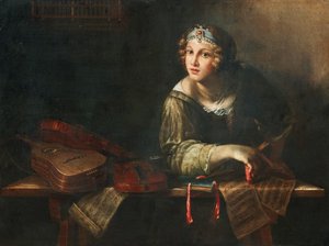 Alegoryczne przedstawienie z instrumentami muzycznymi i nutami, druga połowa XVII wieku. autorstwa Girolamo Scaglia