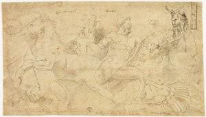 Starożytny relief z Herkulesem i klaczami Diomedesa (recto); Dwa szkice: Udrapowany satyr i uskrzydlona postać kobieca (verso) autorstwa Girolamo da Carpi