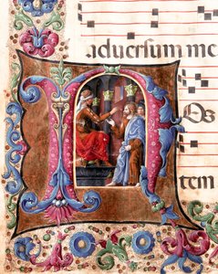 Ozdobny napis przedstawiający Jezusa Chrystusa przed miniaturą Poncjusza Piłata autorstwa Girolamo da Cremona (aktywny ok. 1451–1483) i Liberale da Verona (1445–1529) z chóru (kod. 22/7 c.22) z katedry św. Sienie. XV-wieczna katedra (Duom
