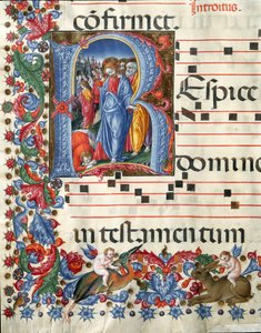 Decoree lettrina przedstawiająca Chrystusa i miniaturę trędowatego autorstwa Girolamo da Cremona (aktywna ok. 1451-1483) i Liberale da Verona (1445-1529) z chóru (kod. 19.04.c.26.) z katedry w Sienie. XV-wieczna katedra (Duomo) w Sienie, Włochy