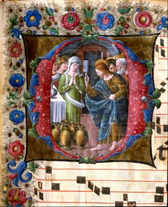 Decoree lettrina przedstawiająca ślub Cana Miniature przez Girolamo da Cremona (aktywny ok. 1451-1483) i Liberale da Verona (1445-1529) z chóru (kod. 19/4. c.19v.) z katedry w Sienie. XV-wieczna katedra (Duomo) w Sienie, Włochy