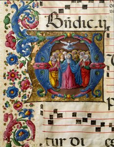 Gołębica Ducha Świętego (Ducha Świętego) ukazuje się Maryi Pannie i apoterom. Miniatura Girolamo da Cremona (czynna ok. 1451-1483) z chóru (kod. 10/L. c.32v) z katedry w Sienie. XV-wieczna katedra (Duomo) w Sienie, Włochy