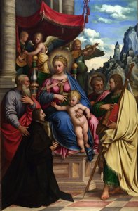 Madonna z Dzieciątkiem z aniołami, świętymi i darczyńcą autorstwa Girolamo da Treviso the Younger