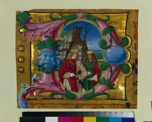 Historyczny inicjał D wycięty z księgi chóralnej: Dwóch świętych męczenników, c. 1500-1510.