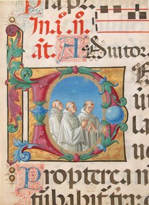 Iluminacja rękopisu ze śpiewającymi mnichami w inicjale D, z psałterza, włoski, 1501-2.