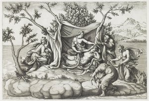 Latona Narodziny Apolla i Diany, sztych. Diana Mantovana (ur. 1535), po 1575 (rycina) autorstwa Giulio (after) Romano