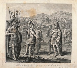 Spotkanie Hannibala i Scypiona podczas wojen punickich (akwaforta) autorstwa Giulio (after) Romano
